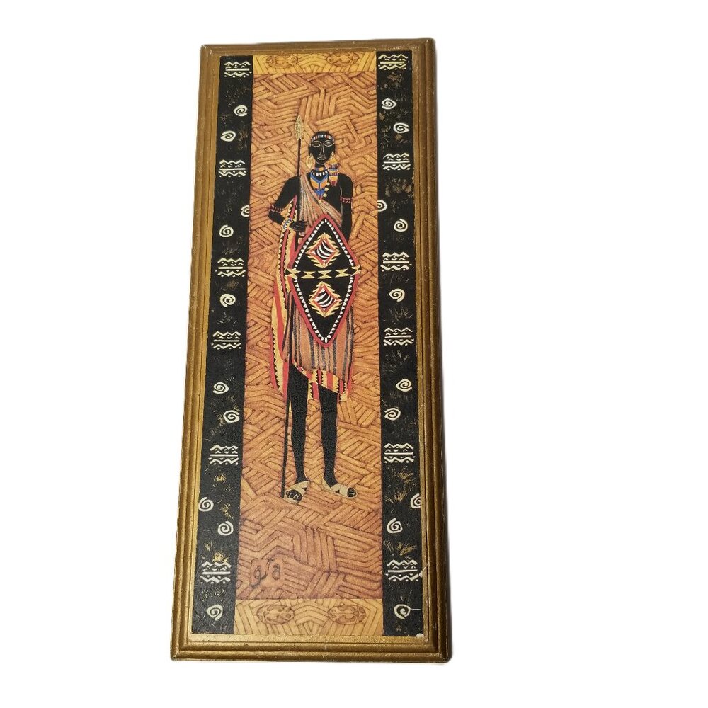 African Tribal Style Wall Art Panel Faux Frame Resin Plaster Boho Decor 8x20